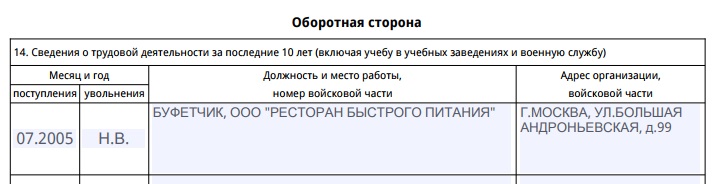 Сведения о трудовой деятельности за последние 10 лет на загранпаспорт образец